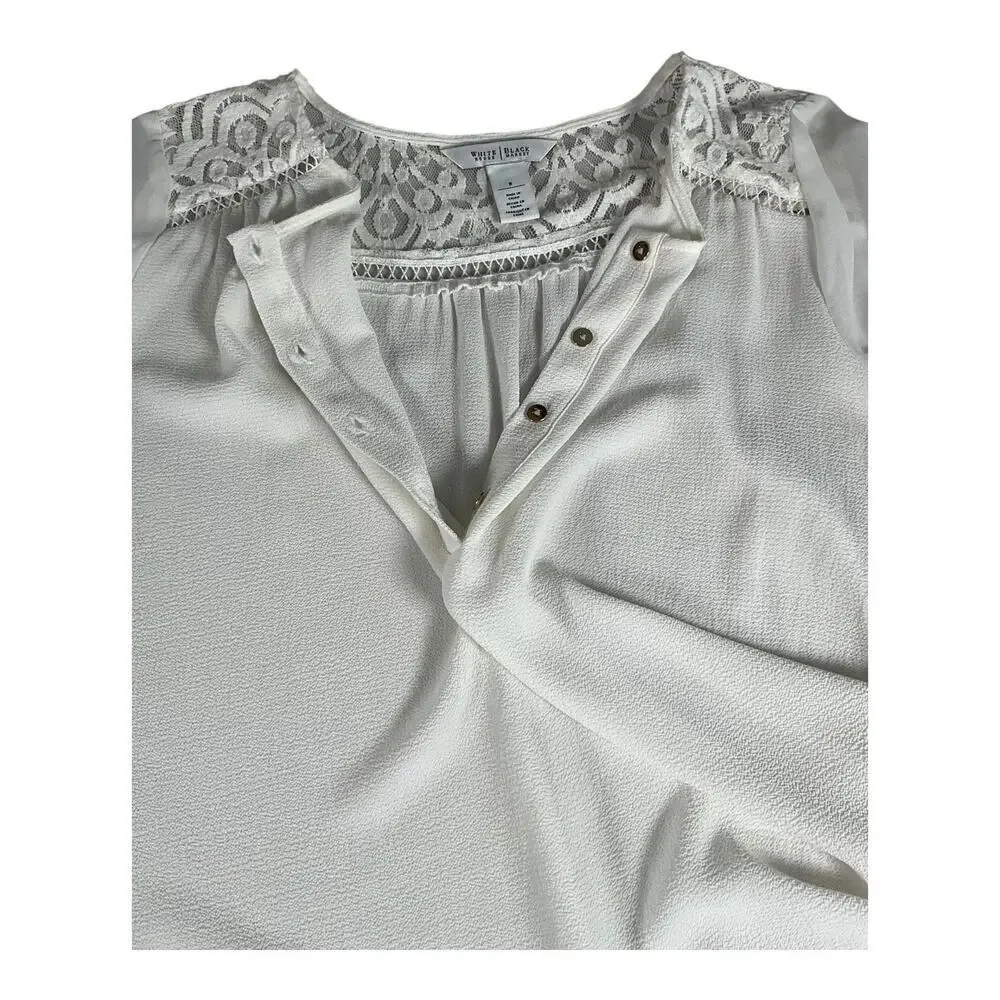 White House Black Market Size 8 White Lace Sheer Sleeves Pheasant Blouse Button - Picture 11 of 12